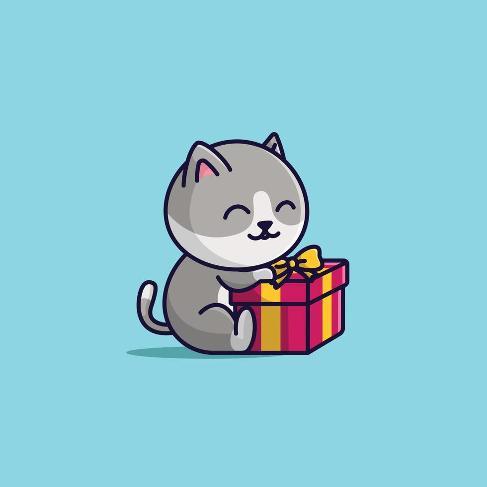 vector gato bonito dos desenhos animados com ilustração simples gratuita de caixa de presente