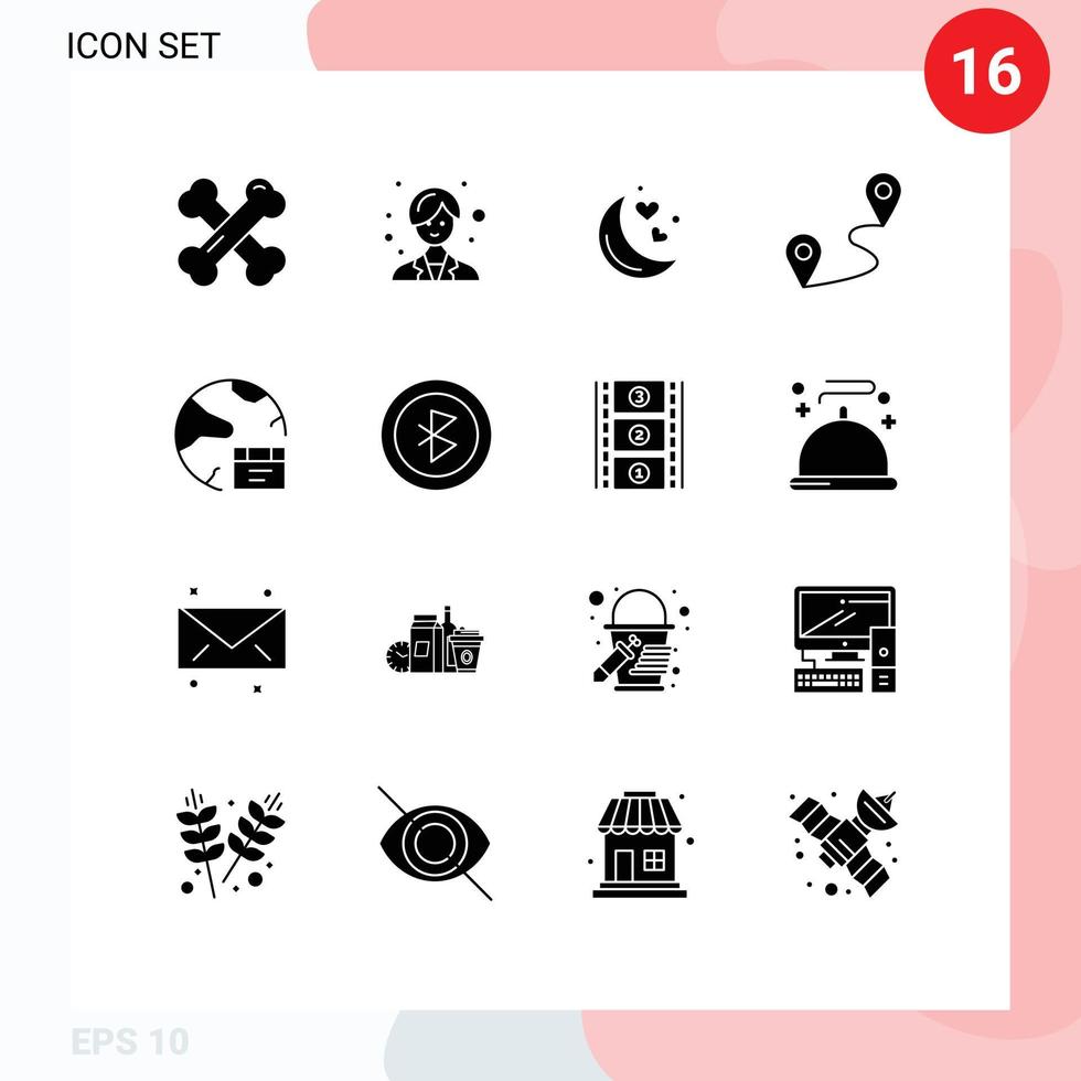 pacote de interface do usuário de 16 glifos sólidos básicos de elementos de design de vetores editáveis de pinos de aplicativo noturno de banco de dados global