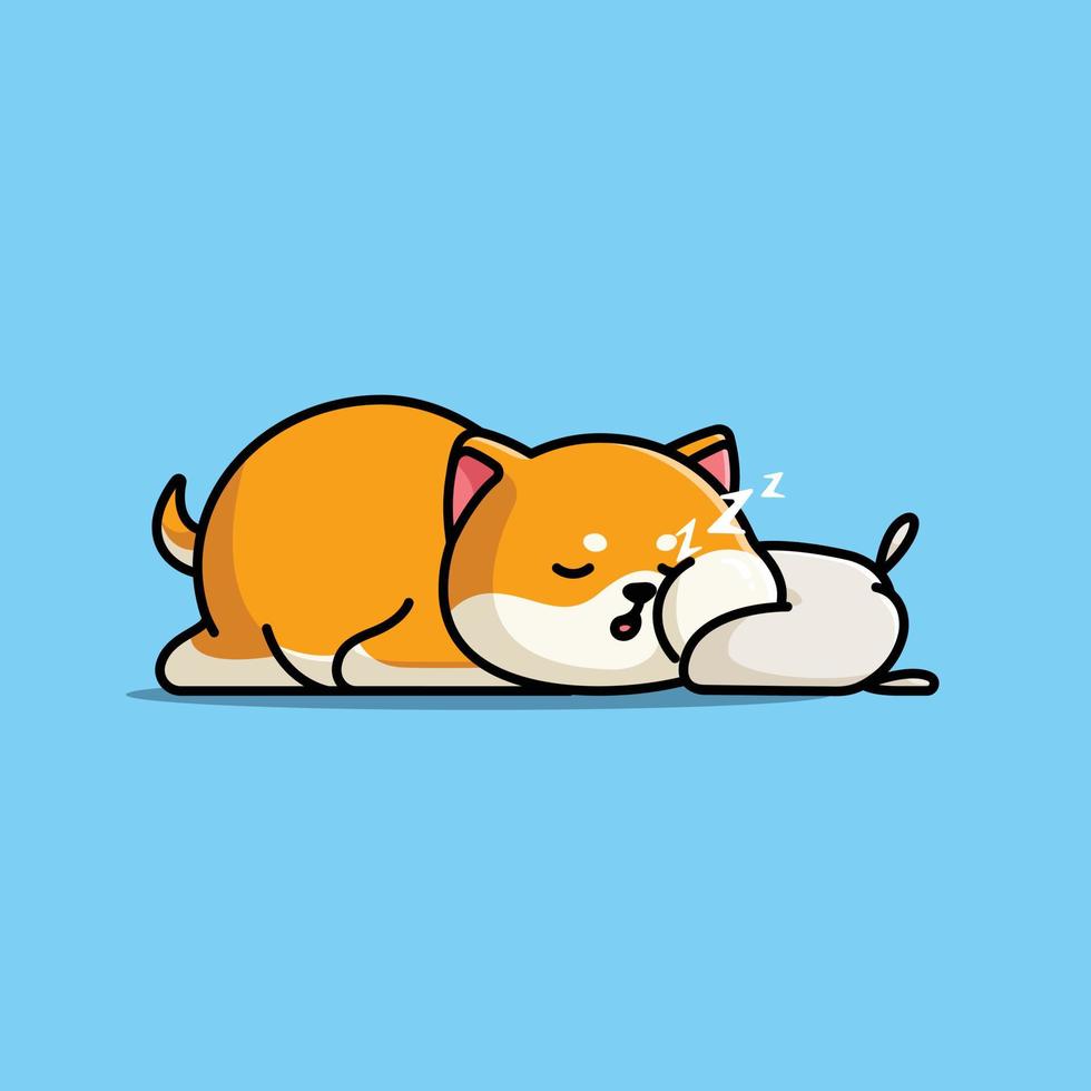 cachorro shiba gordo de desenho animado fofo dormindo profundamente com ilustração vetorial de travesseiro macio vetor