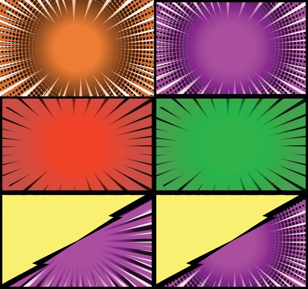 fundo de quadros coloridos de quadrinhos com raios de meio-tom radial e efeitos pontilhados estilo pop art vetor