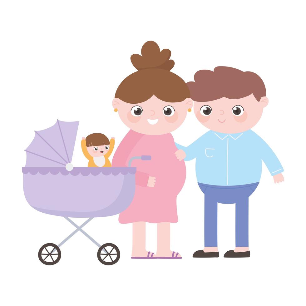 gravidez e maternidade, pai e mãe grávida com bebê no carrinho vetor