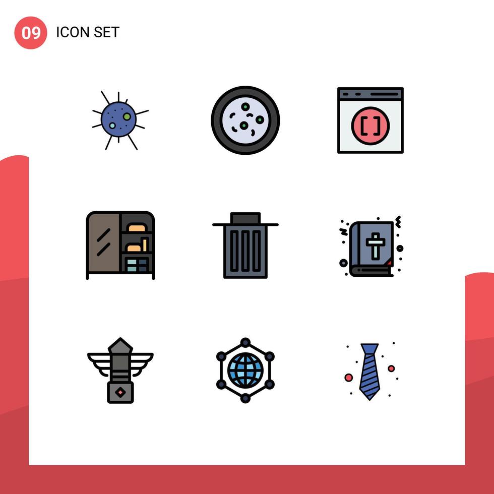 9 ícones criativos sinais modernos e símbolos de lixo de desenvolvimento de usuário de livro exclua elementos de design de vetores editáveis