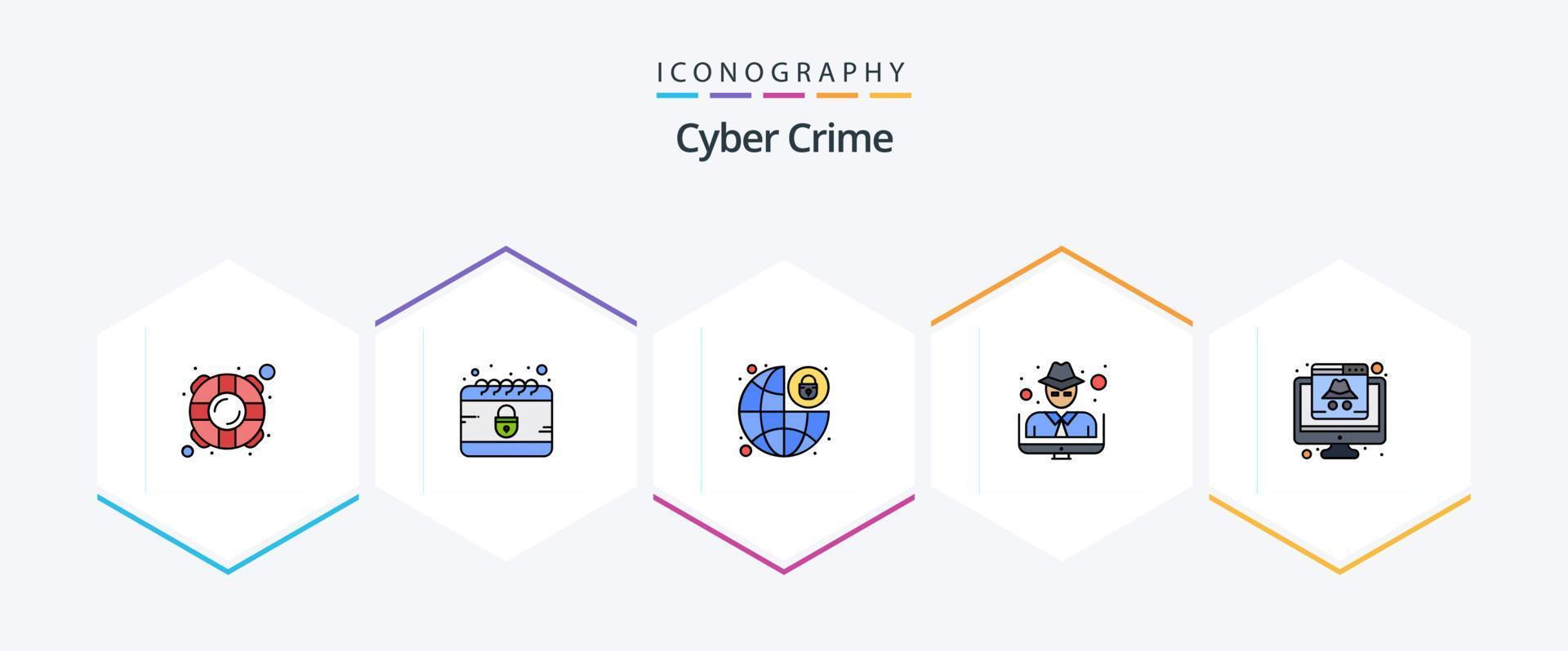 pacote de ícones de linha cheia de 25 crimes cibernéticos, incluindo computador. Ladrão. proteção mundial. cara. vetor