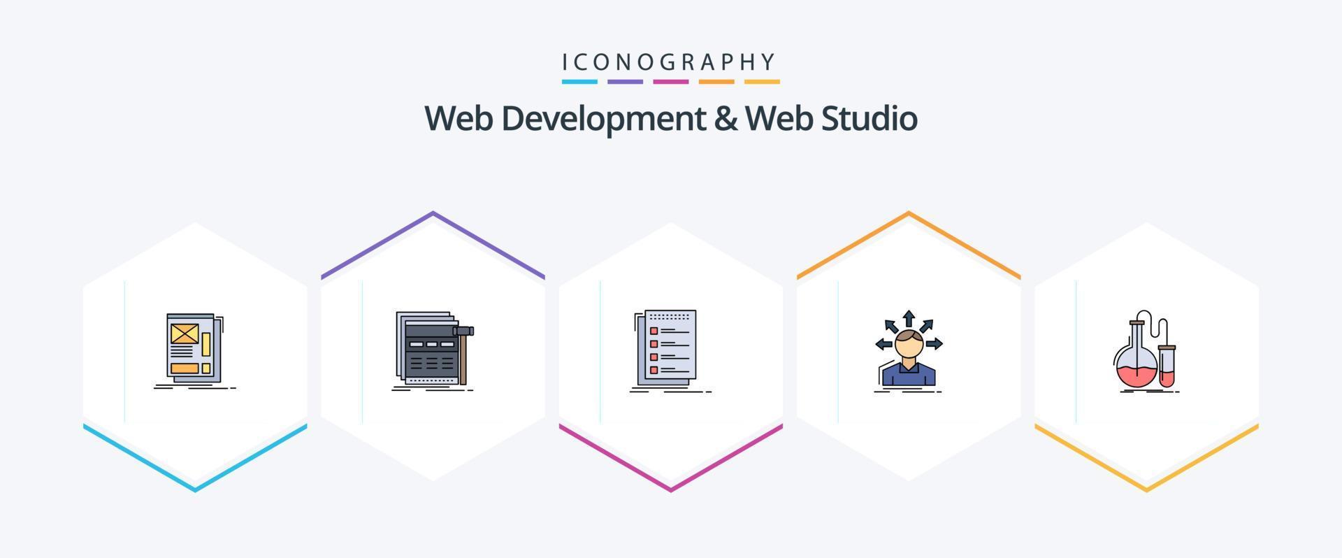 desenvolvimento web e pacote de ícones de linha preenchida de 25 estúdios da web, incluindo opções. conversão. página da Internet. pendência. Lista vetor