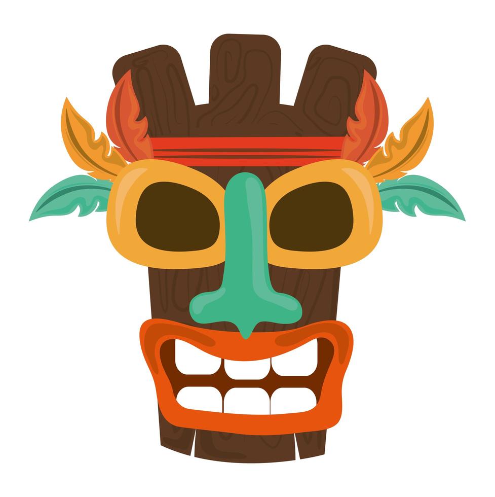 Tiki tribal máscara de madeira pena exótica isolada no fundo branco vetor