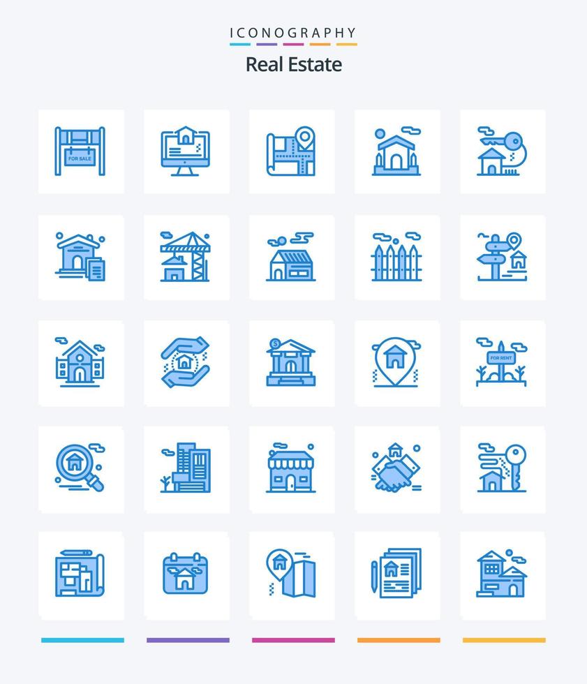 pacote de ícones azul criativo imobiliário 25, como imóveis. casa. mapa. Estado. lar vetor