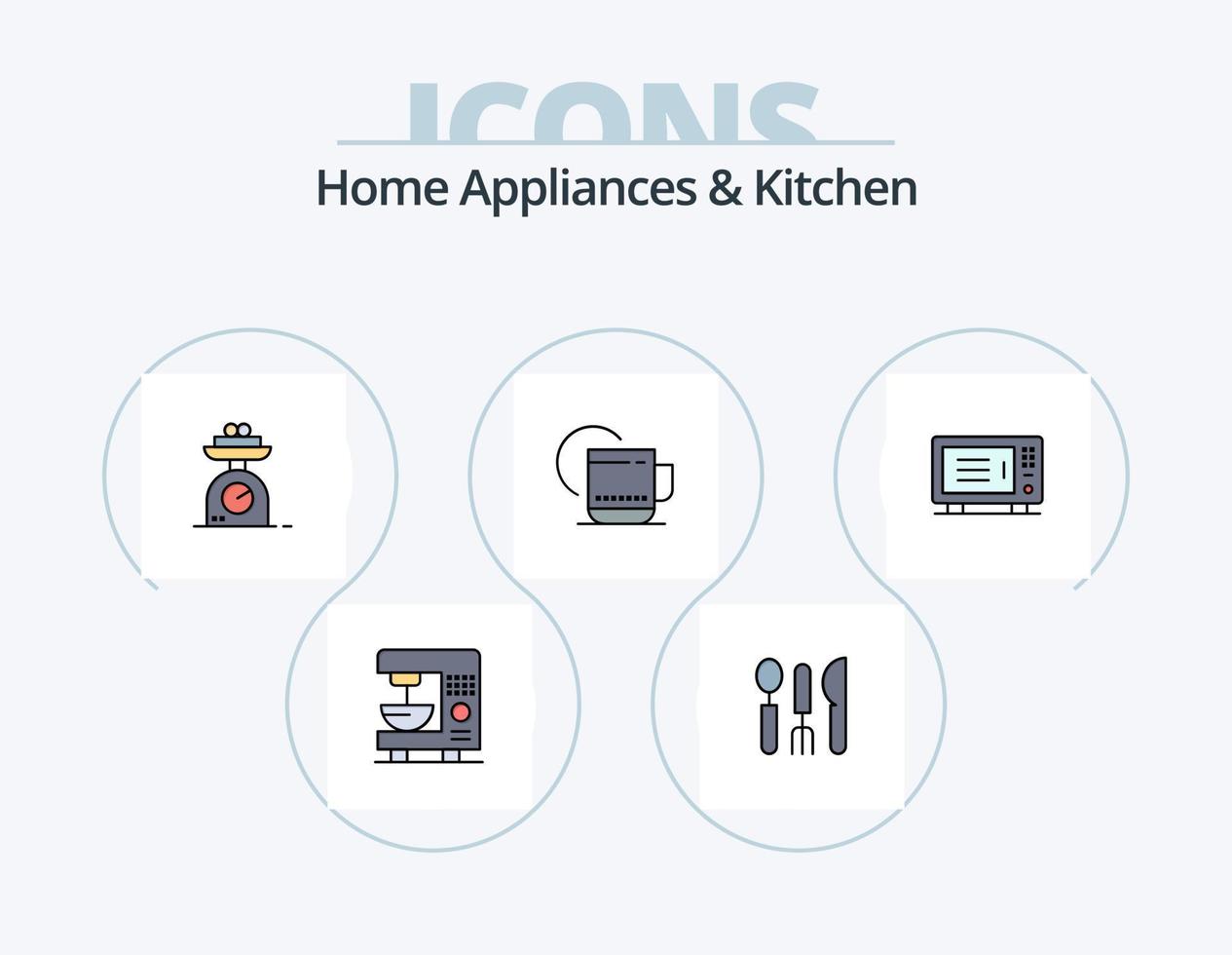eletrodomésticos e linha de cozinha cheia de ícones pack 5 design de ícones. cozinha. forno. serviço. máquina. elétrico vetor