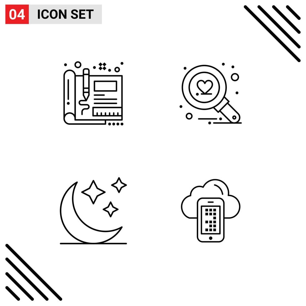 conjunto de 4 sinais de símbolos de ícones de interface do usuário modernos para esboço de lua de projeto elementos de design de vetores editáveis de nuvem de amor