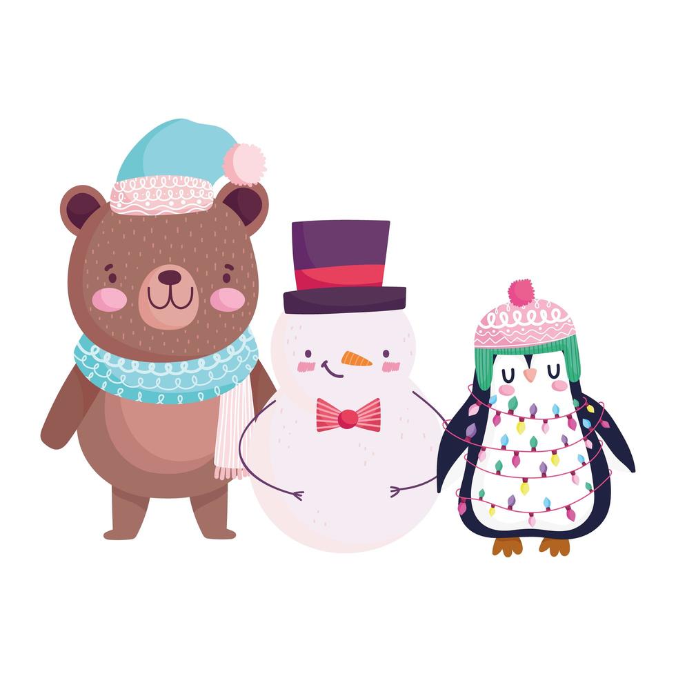 feliz natal, urso bonito boneco de neve e isolamento de ícone de desenho de pinguim vetor