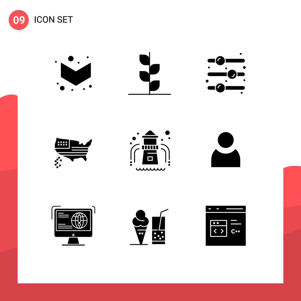 conjunto de glifos sólidos de interface móvel de 9 pictogramas de deslizamento de água do jardim do mapa dos eua elementos de design vetorial editáveis vetor