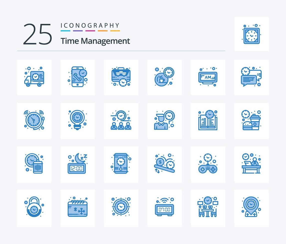 gerenciamento de tempo pacote de ícones de 25 cores azuis, incluindo tempo. café. Tempo. pausa. gestão vetor