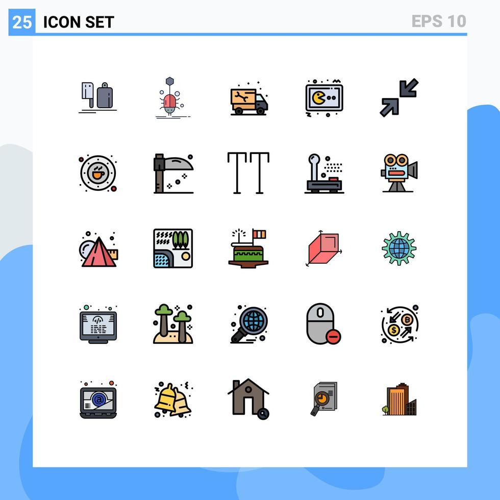 25 cores planas de linha cheia de vetores temáticos e símbolos editáveis de elementos de design de vetores editáveis de encanador de caminhão de vírus pac man de jogos