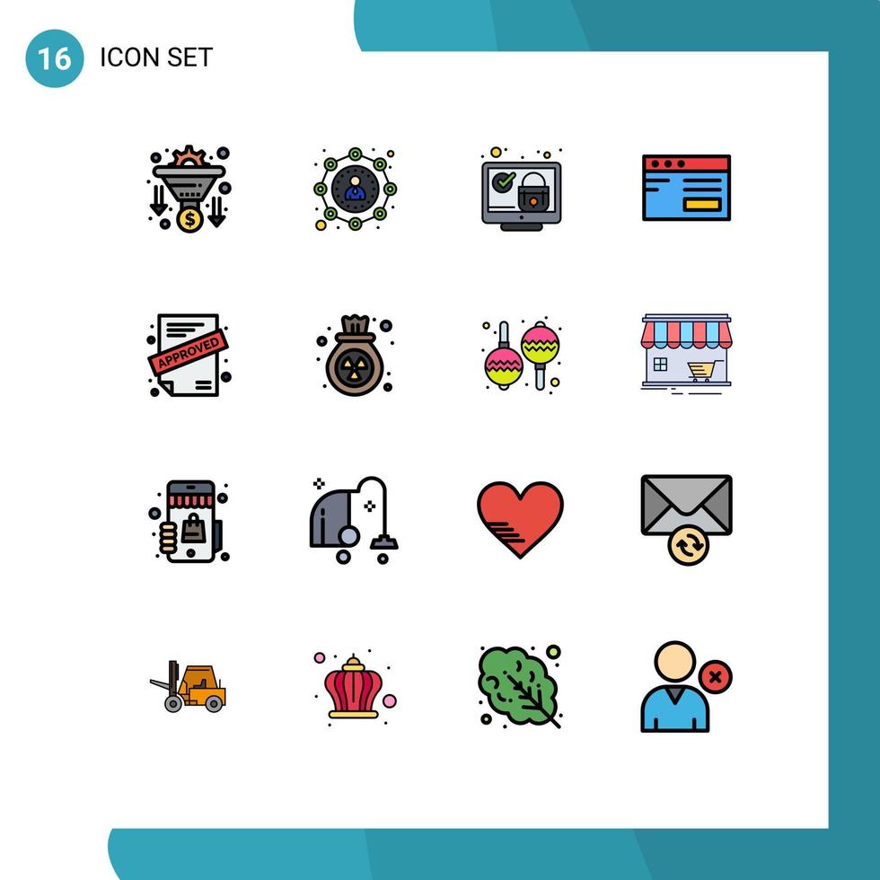 pacote de interface do usuário de 16 linhas básicas preenchidas de cores planas de estudo de aplicativo bloqueio de segurança na internet elementos de design de vetor criativo editáveis