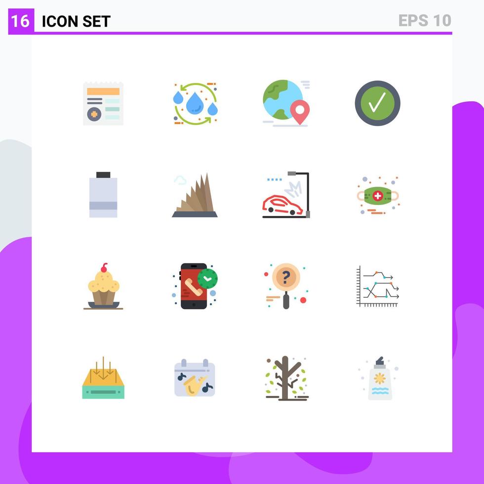 pacote de 16 sinais e símbolos modernos de cores planas para mídia de impressão na web, como pacote editável de mundo de verificação de água de boa bateria de elementos de design de vetores criativos