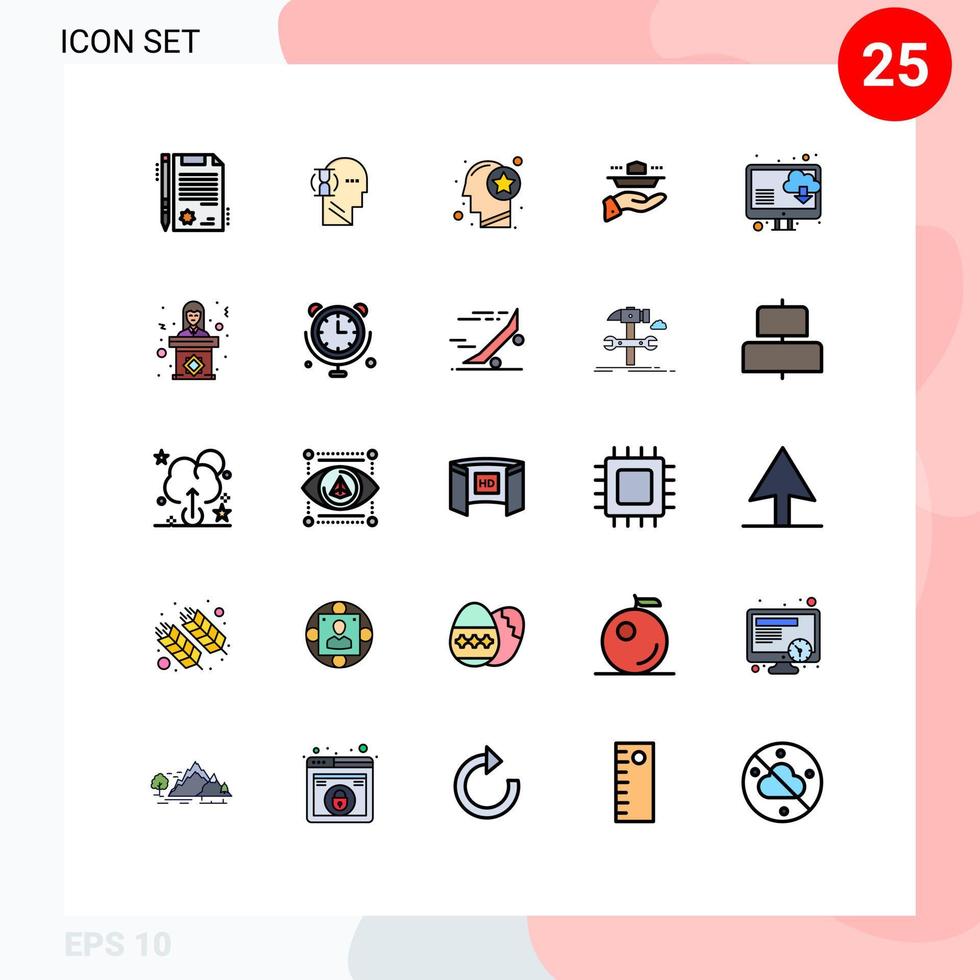 pacote de 25 sinais e símbolos modernos de cores planas de linha preenchida para mídia impressa na web, como almoço em nuvem, garçom de serviço humano, elementos de design de vetores editáveis