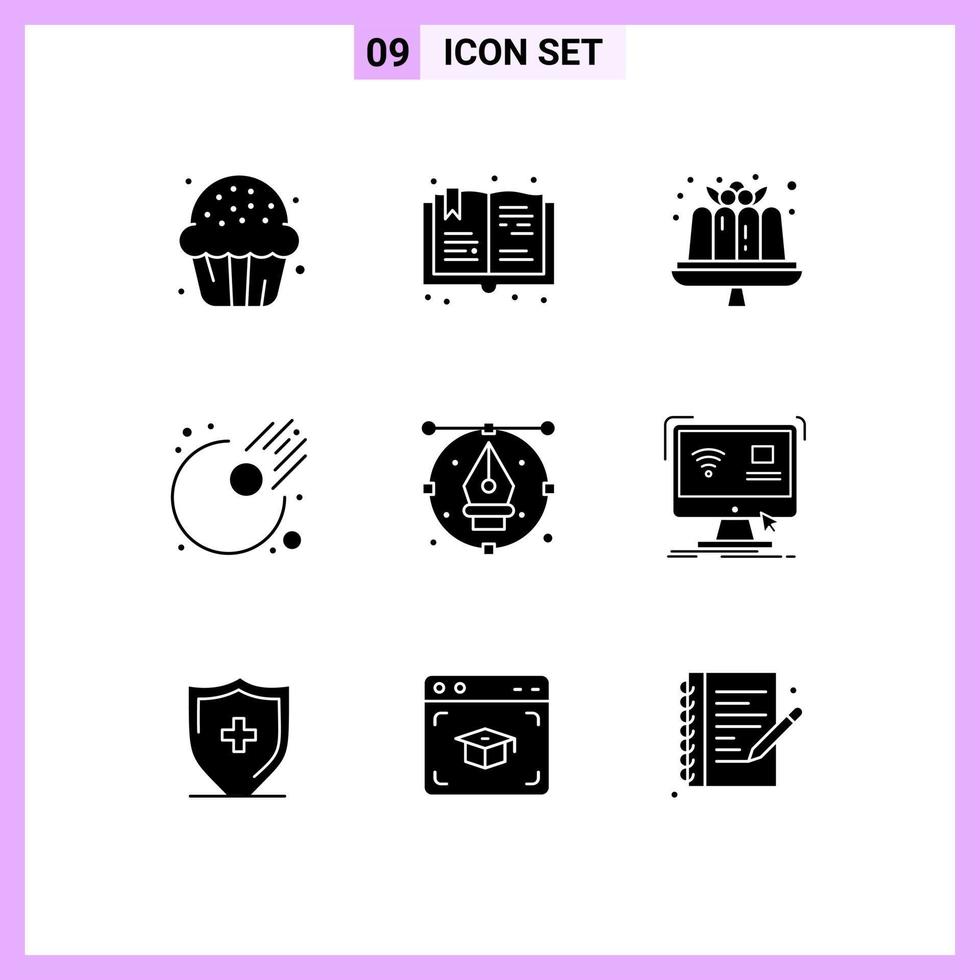 conjunto de 9 sinais de símbolos de ícones de interface do usuário modernos para design meteoro passatempo astronomia doces elementos de design de vetores editáveis