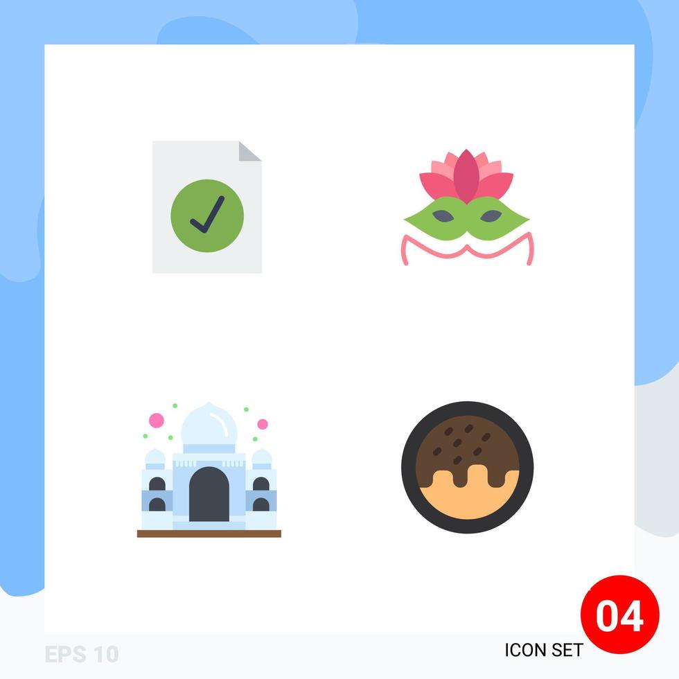 conjunto de ícones planos de interface móvel de 4 pictogramas de construção completa de máscara de carnaval da índia rosquinha elementos de design vetorial editável vetor