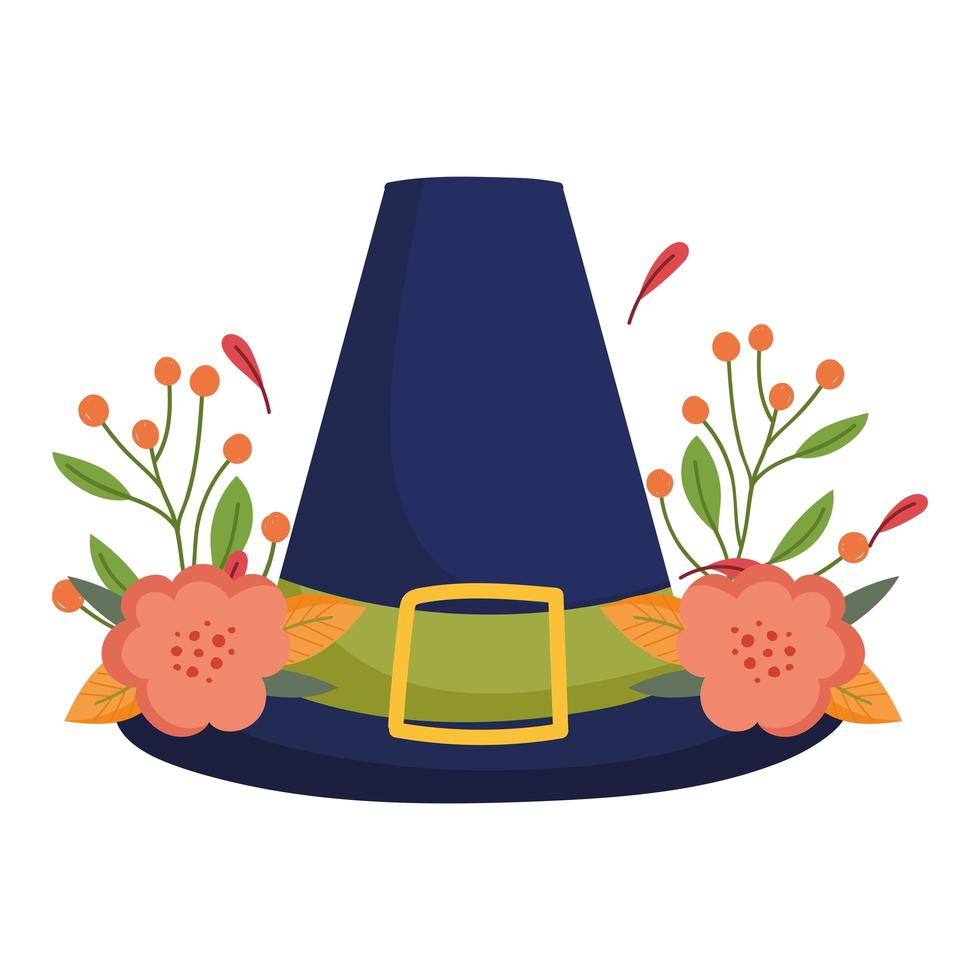 feliz dia de ação de graças, chapéu de peregrino flores folhas frutas decoração celebração vetor