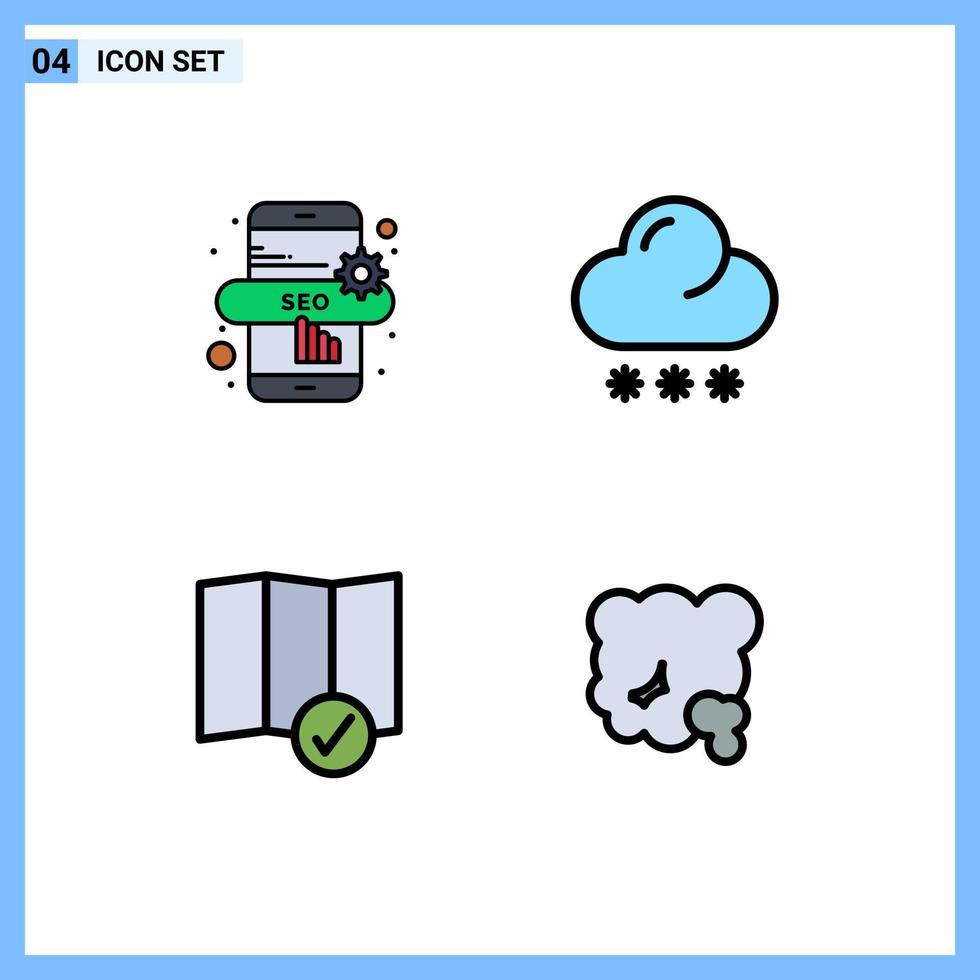 conjunto de cores planas de linha preenchida de interface móvel de 4 pictogramas de verificação de previsão de ar de marketing em elementos de design de vetores editáveis de ambiente