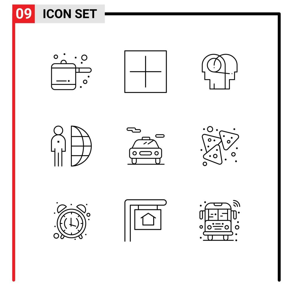 conjunto de pictogramas de 9 contornos simples de equipe de audição de carro de transporte terceirizar elementos de design de vetores editáveis