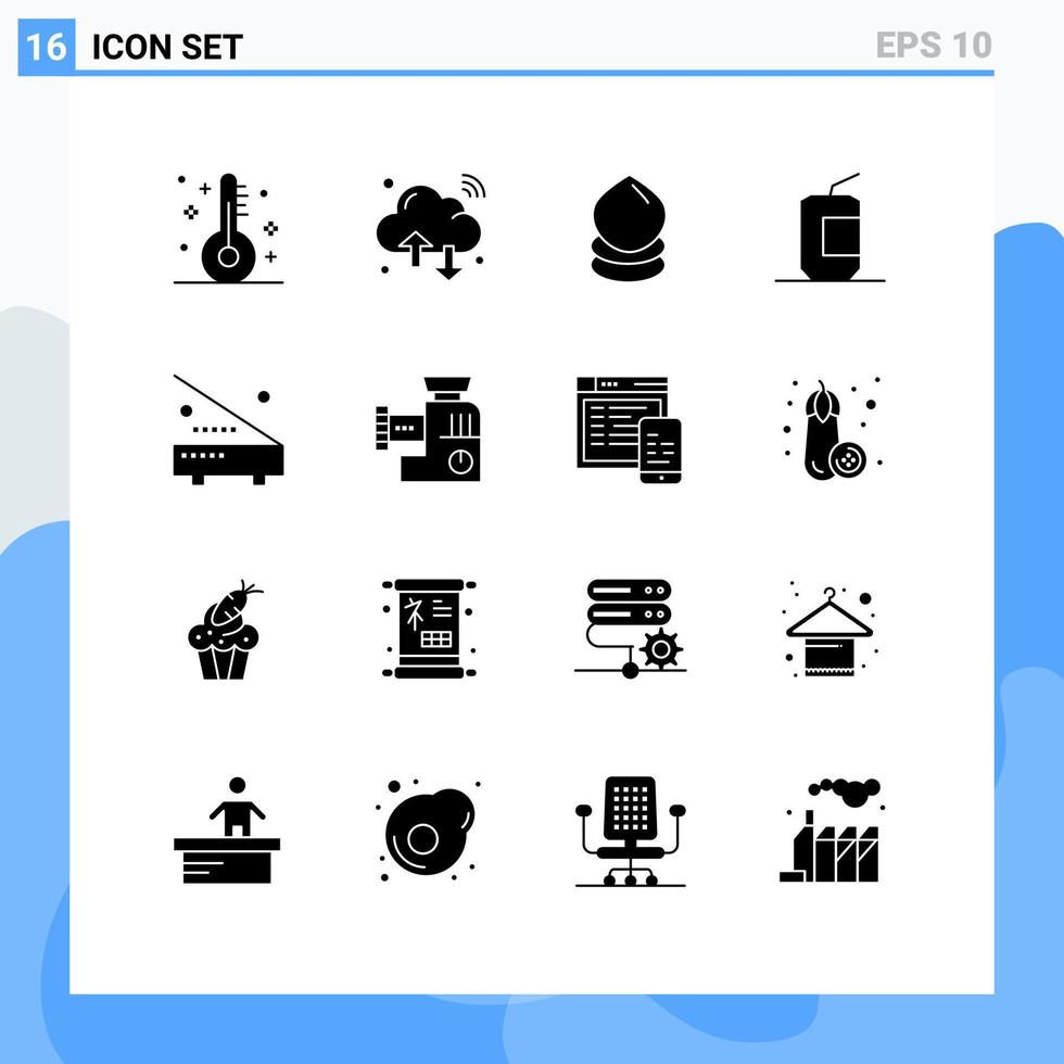 pacote de glifos sólidos de 16 símbolos universais de comida bebida ambiente de cola wifi elementos de design de vetores editáveis