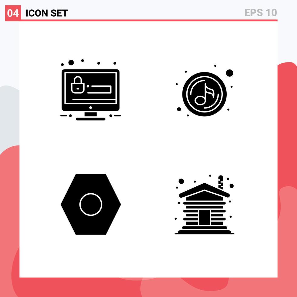 pacote de interface de usuário de 4 glifos sólidos básicos de configurações de senha segurança quaver house elementos de design de vetores editáveis