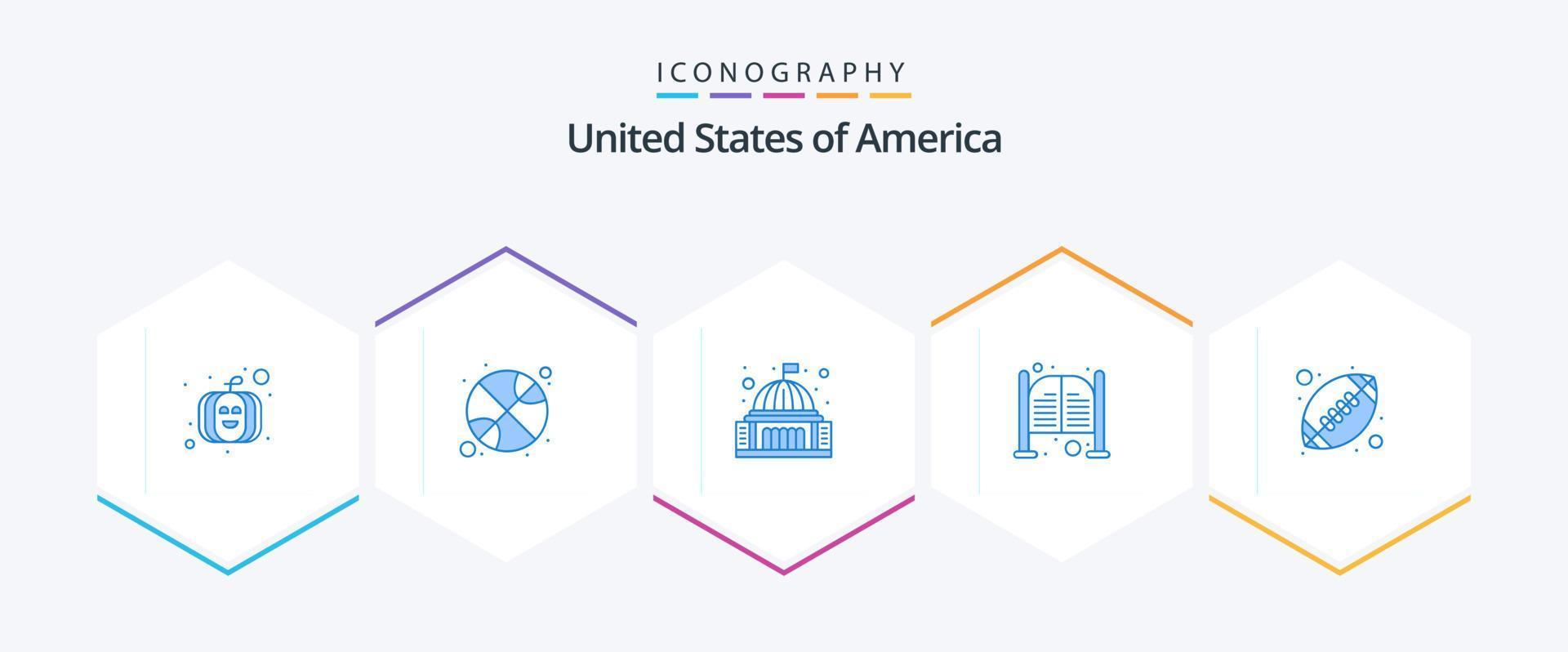 Pacote de ícones azul EUA 25, incluindo bola. dia. prédio. salão. Barra vetor