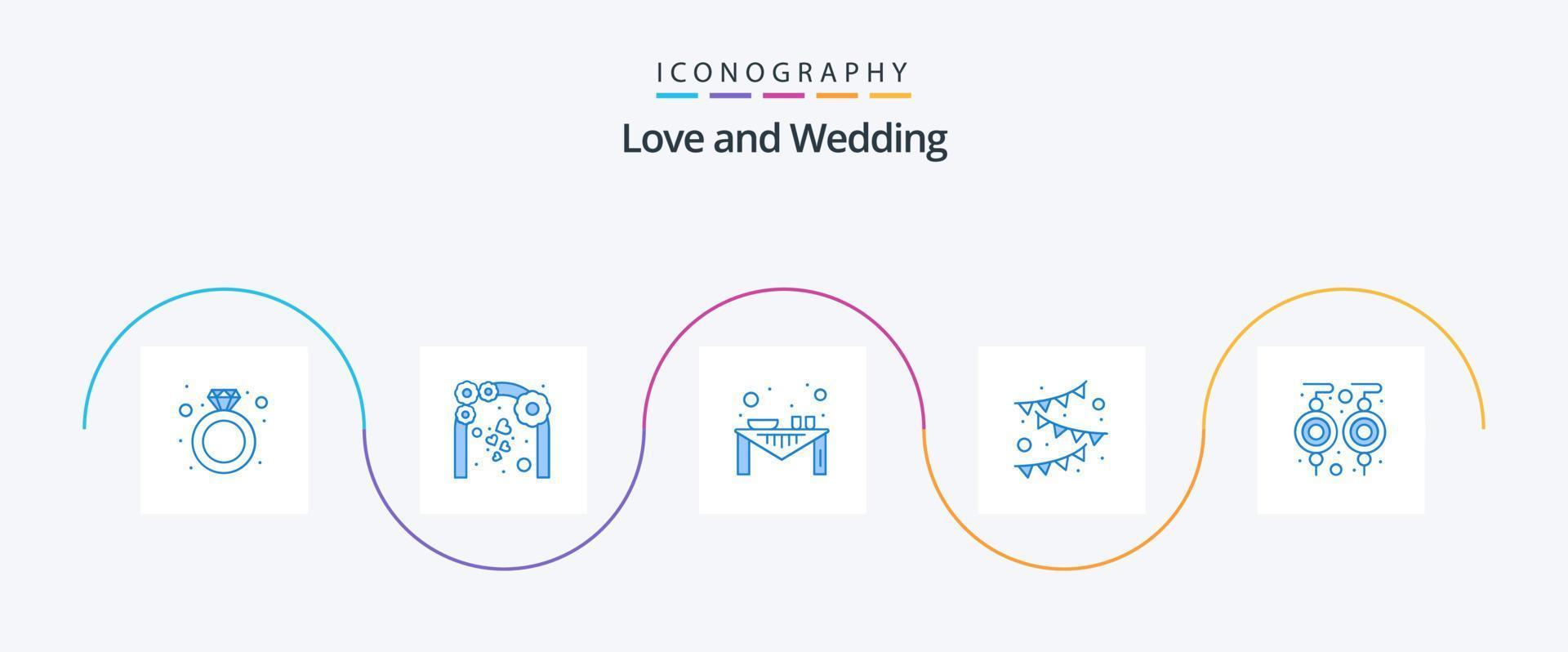 pacote de ícones de casamento azul 5, incluindo acessórios. papel. decoração. festão. mesa de jantar vetor
