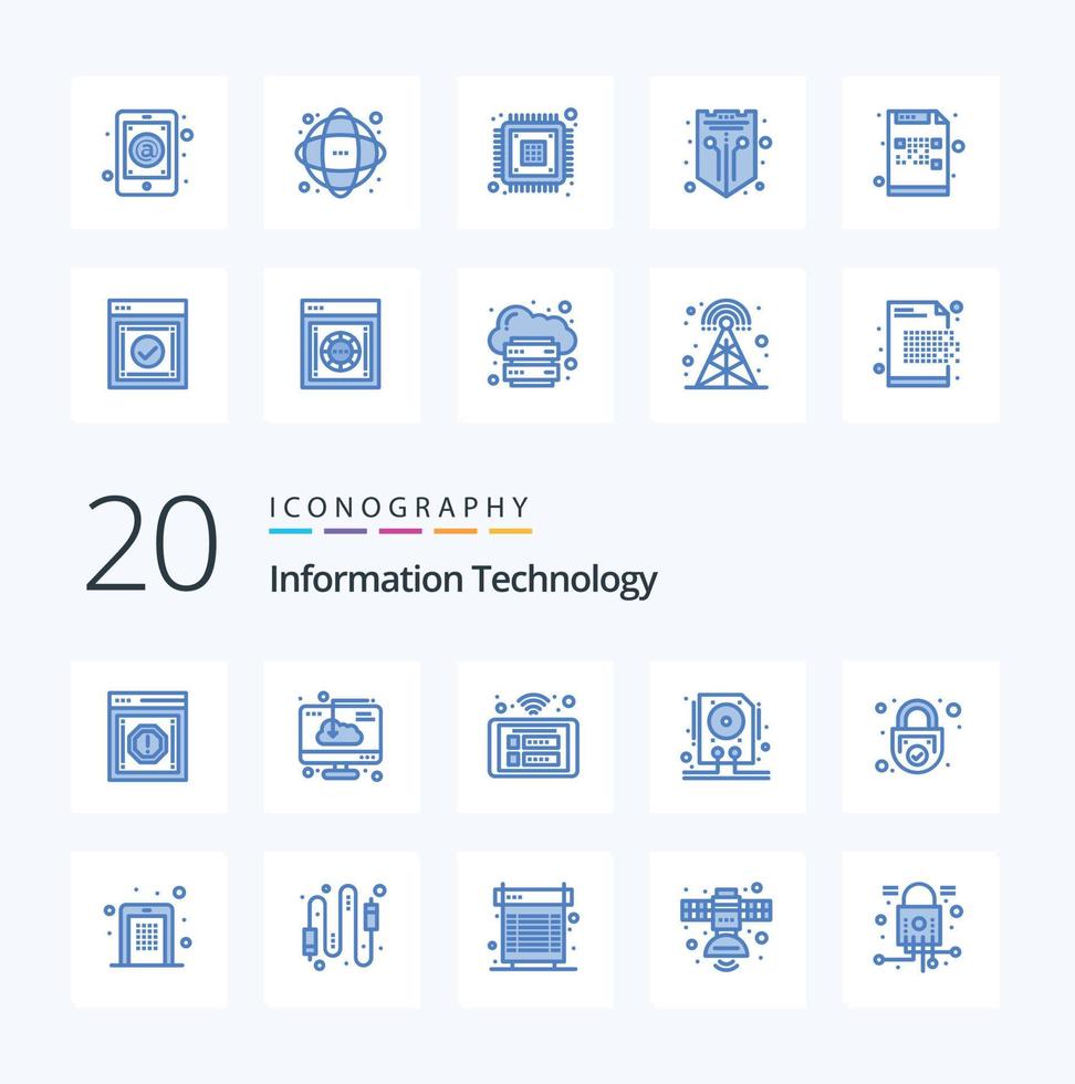 20 pacote de ícones de cor azul de tecnologia da informação como painel wi-fi de instalação de dados hdd vetor