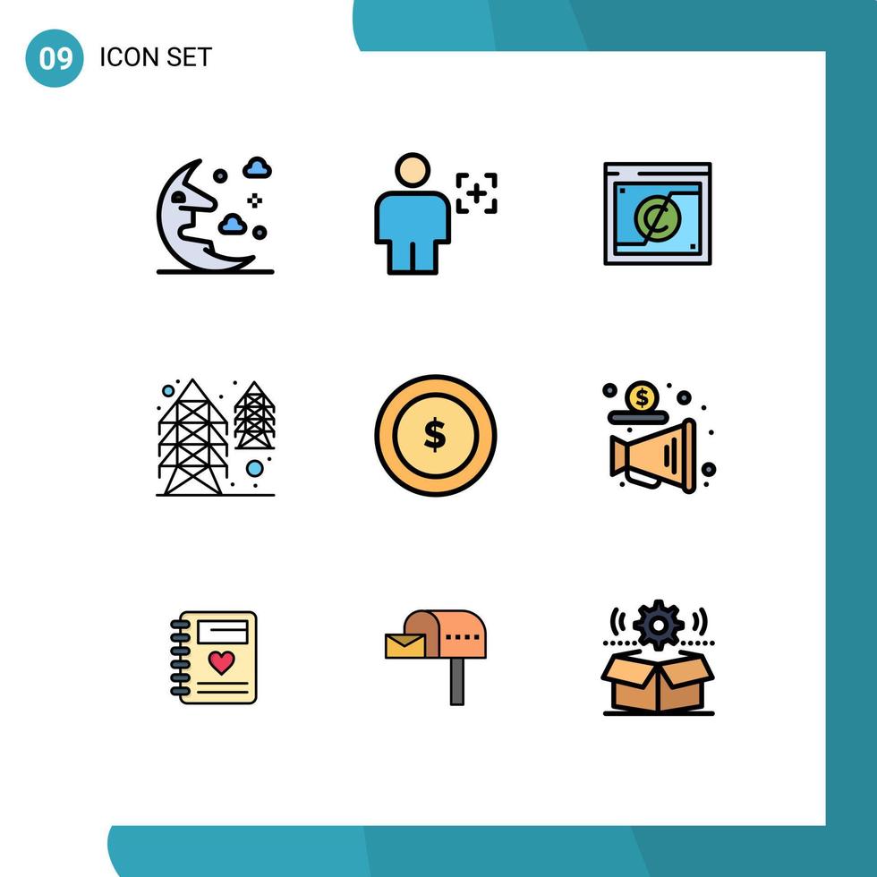 9 cores planas de linhas preenchidas universais definidas para aplicativos da web e móveis fornecem elementos de design de vetores editáveis de domínio de eletricidade de reconhecimento de energia