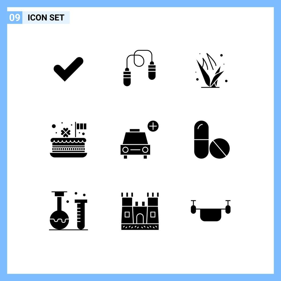 conjunto de 9 sinais de símbolos de ícones de interface do usuário modernos para bolo de celebração de grama de festival de carro elementos de design de vetor editável