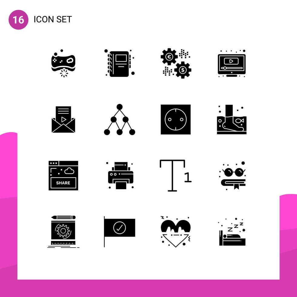 pacote de 16 sinais e símbolos de glifos sólidos modernos para mídia impressa na web, como mensagem, tela de dinheiro do youtube, elementos de design de vetores editáveis de computador