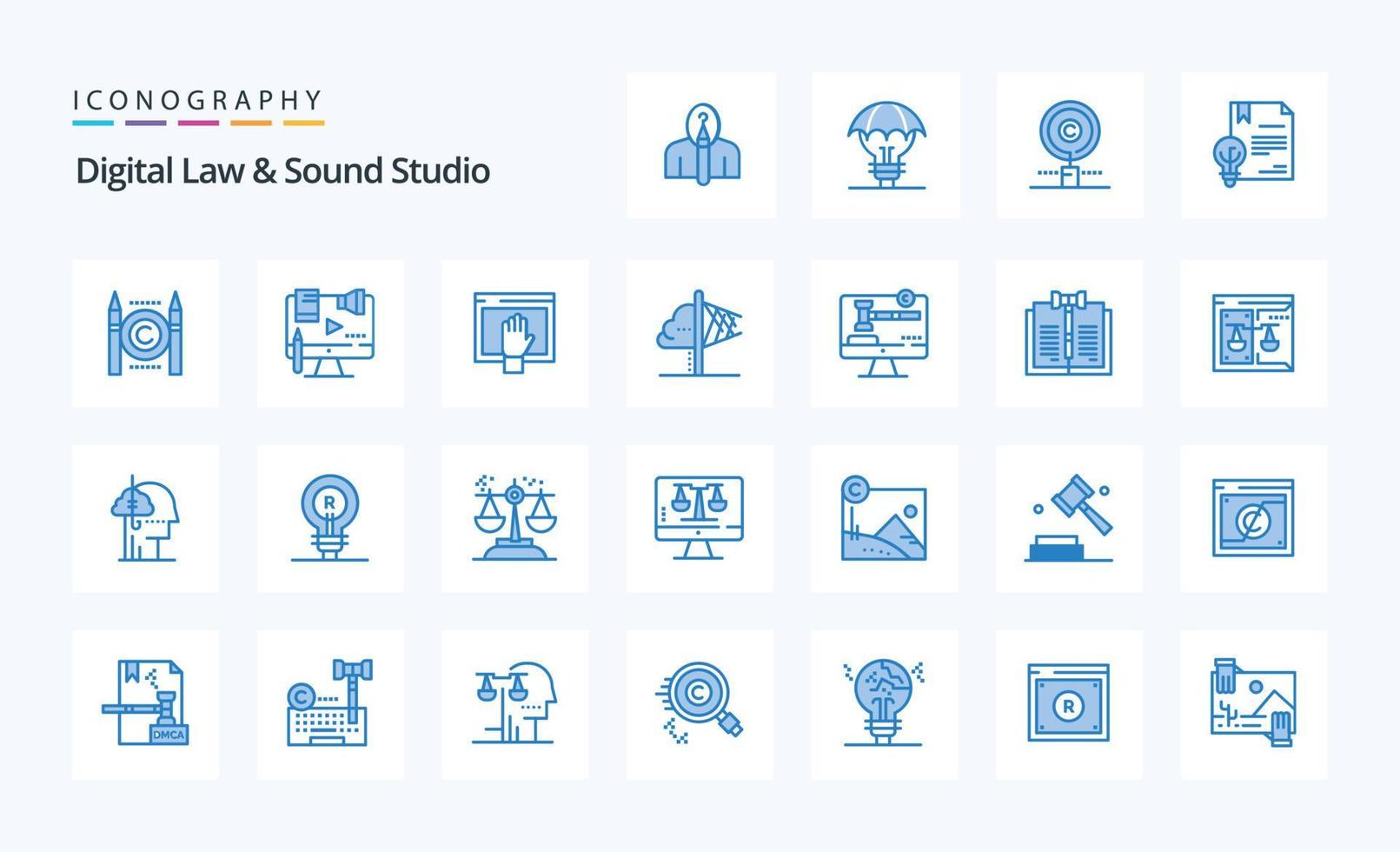 25 direito digital e pacote de ícones azuis de estúdio de som vetor