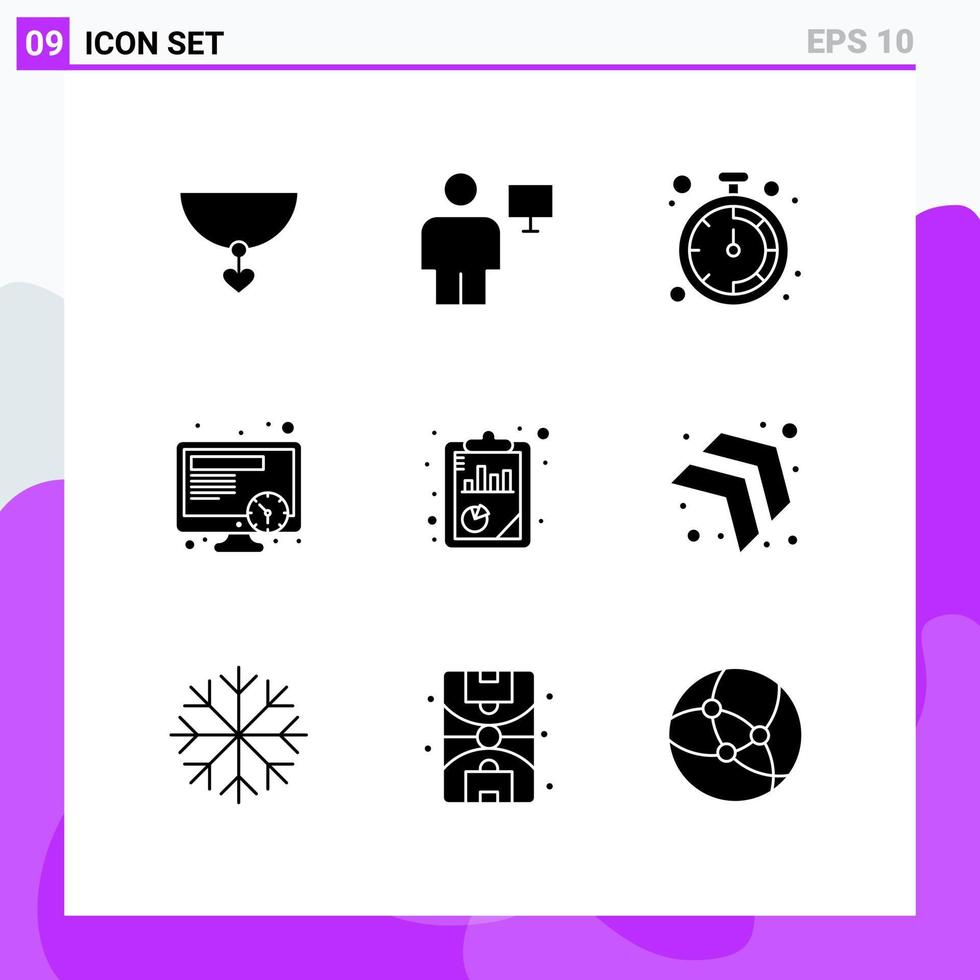 conjunto moderno de 9 glifos e símbolos sólidos, como relatórios de análise de seo, tempo de análise de negócios, elementos de design de vetores editáveis