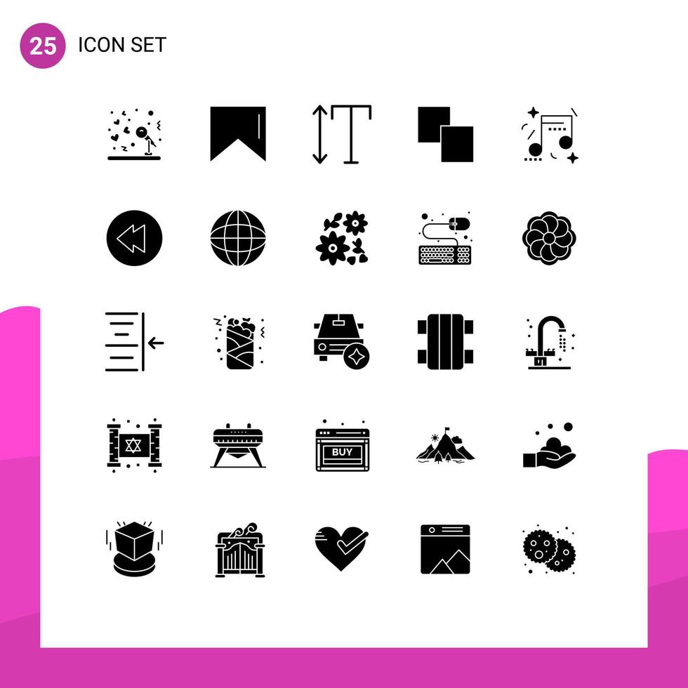 grupo de 25 sinais e símbolos de glifos sólidos para elementos de design de vetores editáveis de celebração de música vertical de festa de rebobinagem