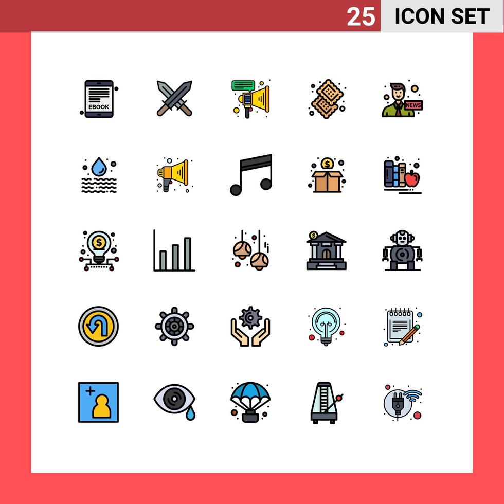 Pacote de cores planas de linha cheia de 25 interfaces de sinais e símbolos modernos de alto-falante de comunicação de notícias elementos de design de vetores editáveis de comida de âncora