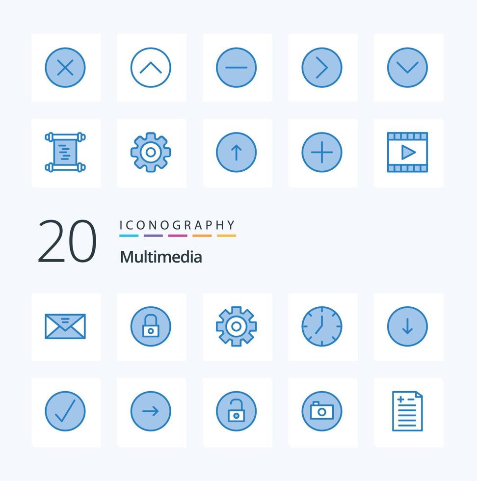 20 pacotes de ícones de cor azul multimídia como seta media player multimídia multimídia multimídia vetor
