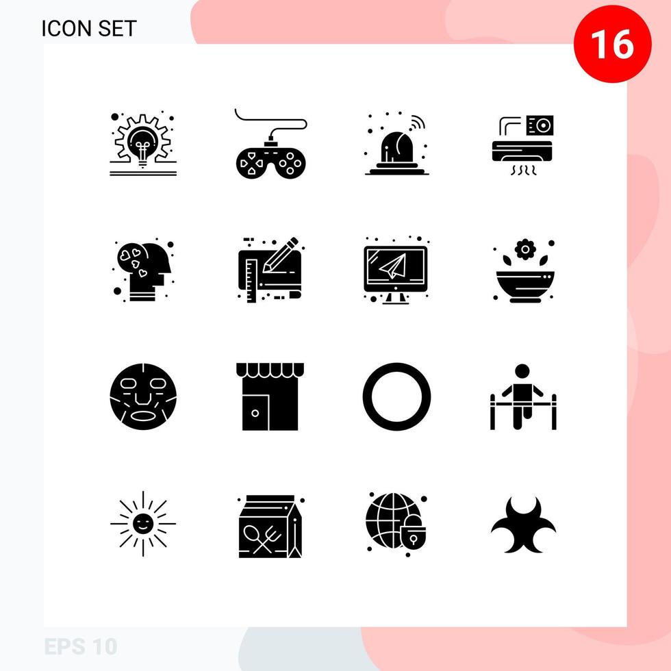 conjunto moderno de 16 glifos e símbolos sólidos, como elementos de design de vetores editáveis de sala de alarme cerebral de inteligência