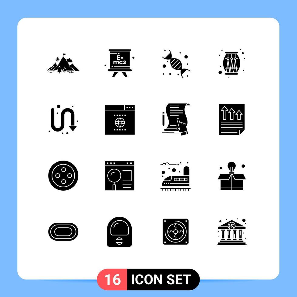pacote de glifos sólidos de 16 símbolos universais de elementos de design de vetores editáveis de educação de música de festa