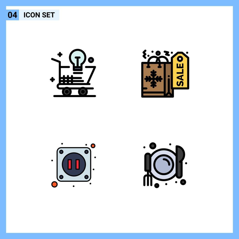 4 sinais de cores planas de linhas preenchidas universais símbolos de ideia de eletricidade de carrinho café de compras elementos de design de vetores editáveis
