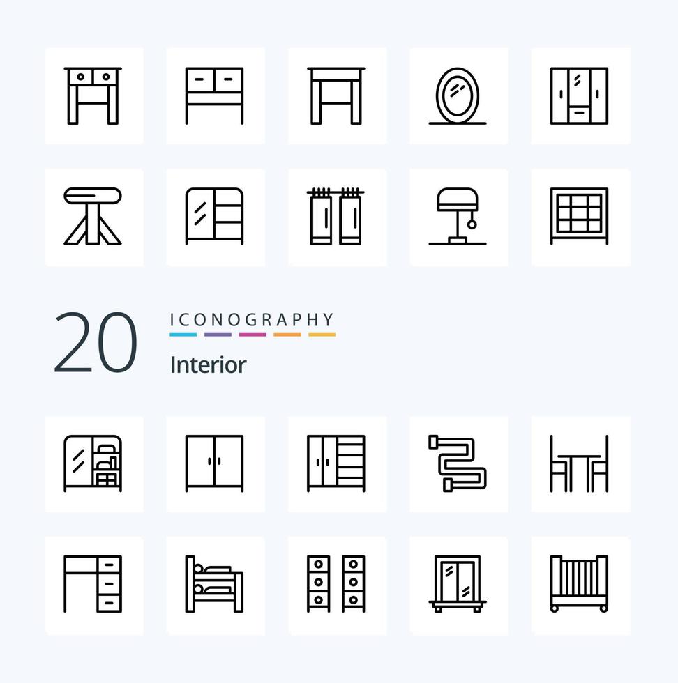 Pacote de ícones de 20 linhas interiores, como armário de móveis de mesa interior de jantar vetor