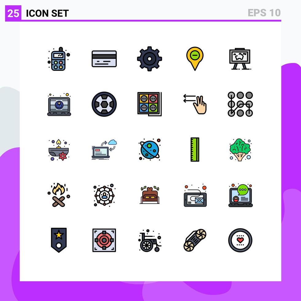 grupo de 25 sinais e símbolos de cores planas de linha preenchida para mapa de localização de imagens suspensas menos elementos de design vetorial editáveis vetor