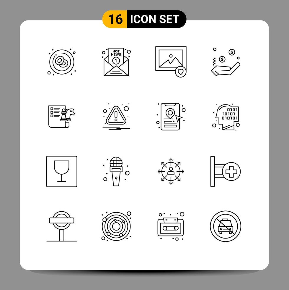 conjunto moderno de 16 contornos e símbolos, como elementos de design de vetor editável de foto de moeda de dólar de xadrez