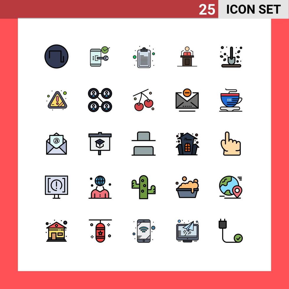 pacote de interface do usuário de 25 cores planas de linha preenchida básica de palestrante de apresentação de segurança profissional de seminário elementos de design vetorial editáveis vetor
