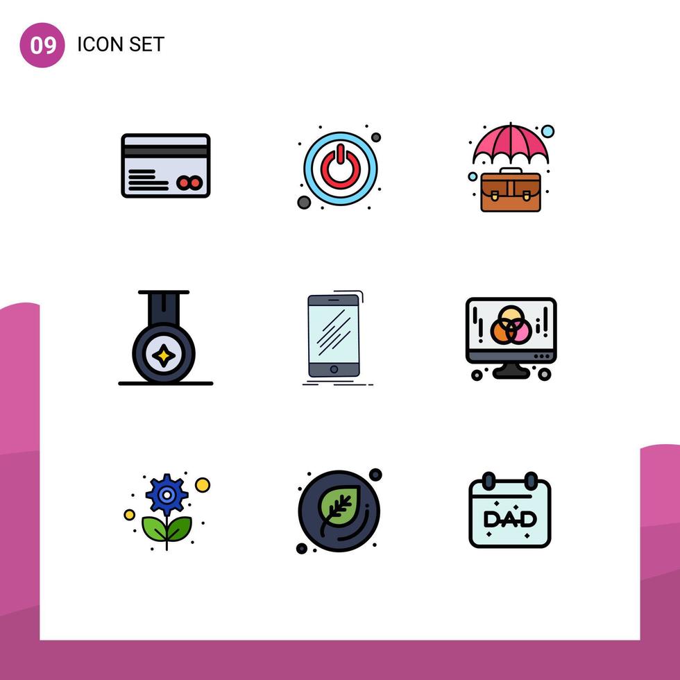 grupo de símbolos de ícone universal de 9 cores planas de linhas preenchidas modernas de elementos de design de vetor editável de medalha de dispositivo de maleta móvel de smartphone