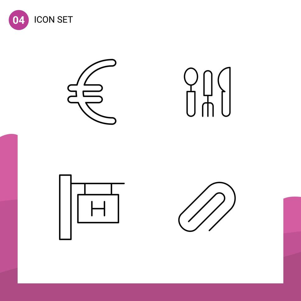 pacote de interface do usuário de 4 cores planas básicas de linhas preenchidas de talheres de férias de moeda viagem elementos de design de vetores editáveis de metal