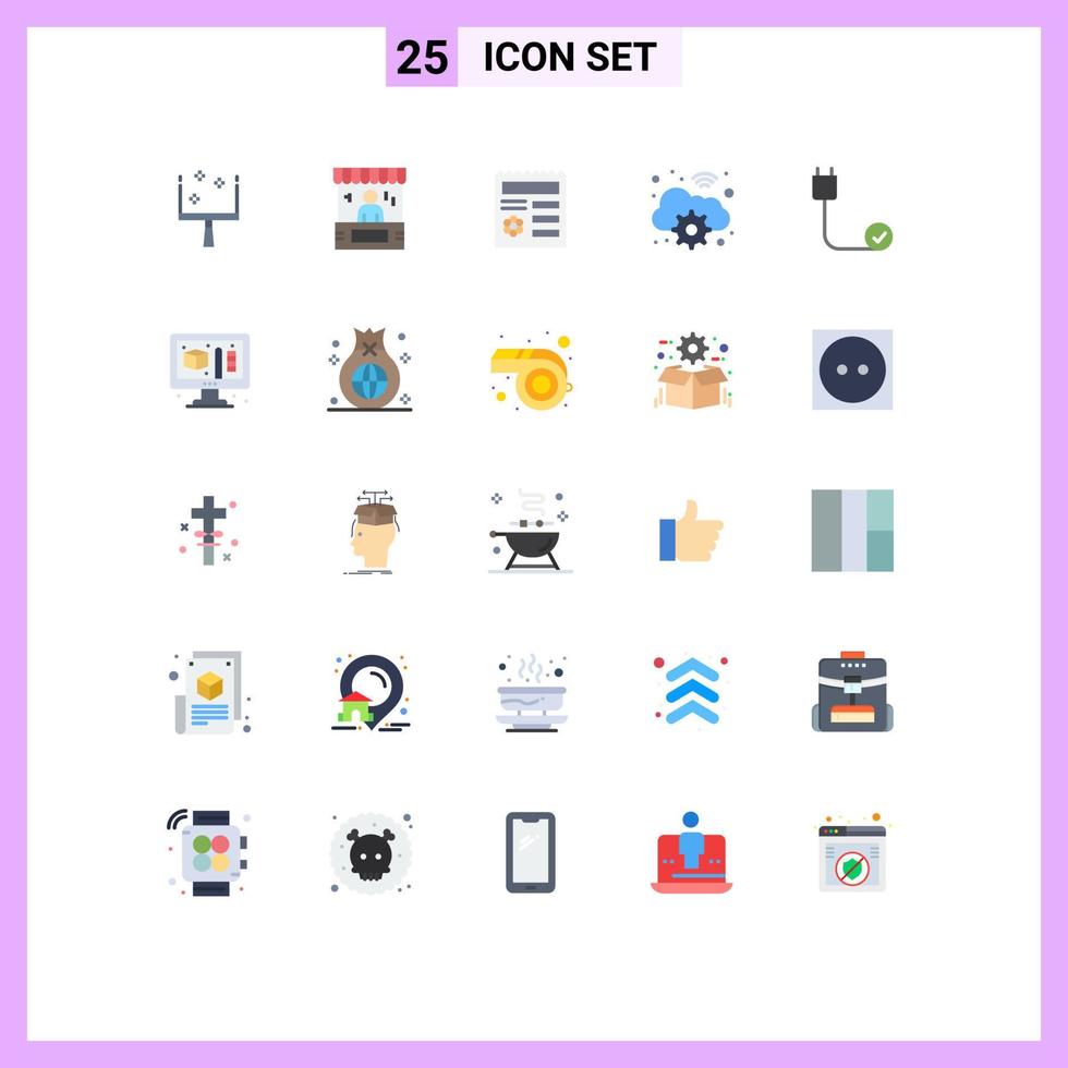 pacote de cores planas de 25 símbolos universais de computadores, documento de engrenagem de pagamento wifi, elementos de design de vetores editáveis