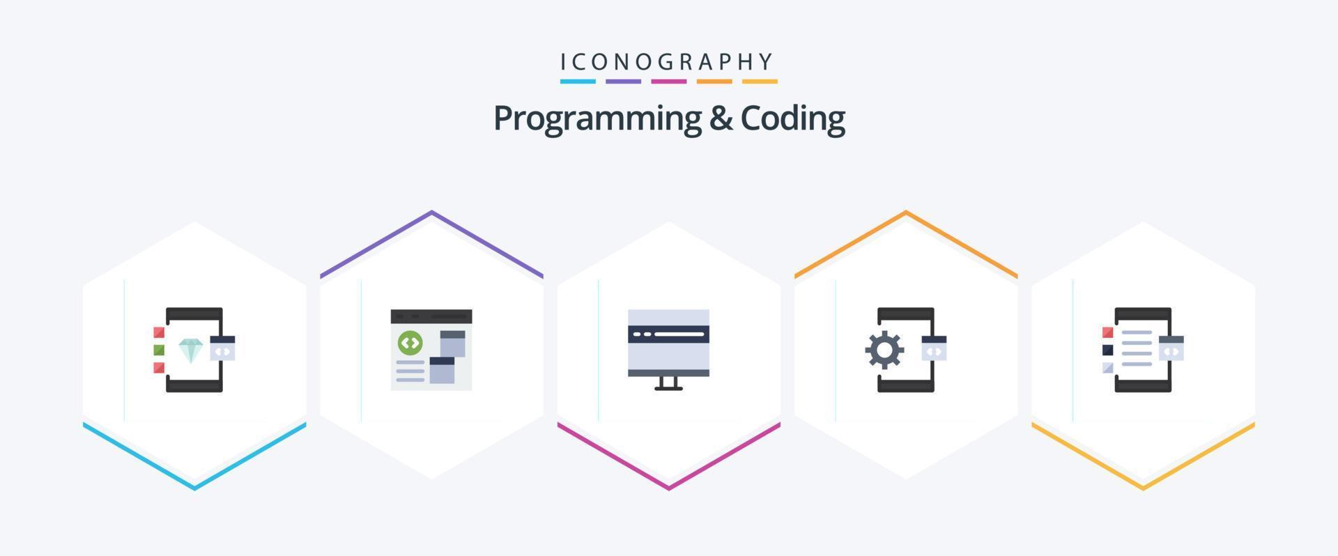 programação e codificação 25 pacotes de ícones planos, incluindo desenvolvimento. aplicativo. desenvolvimento. processo. desenvolve vetor