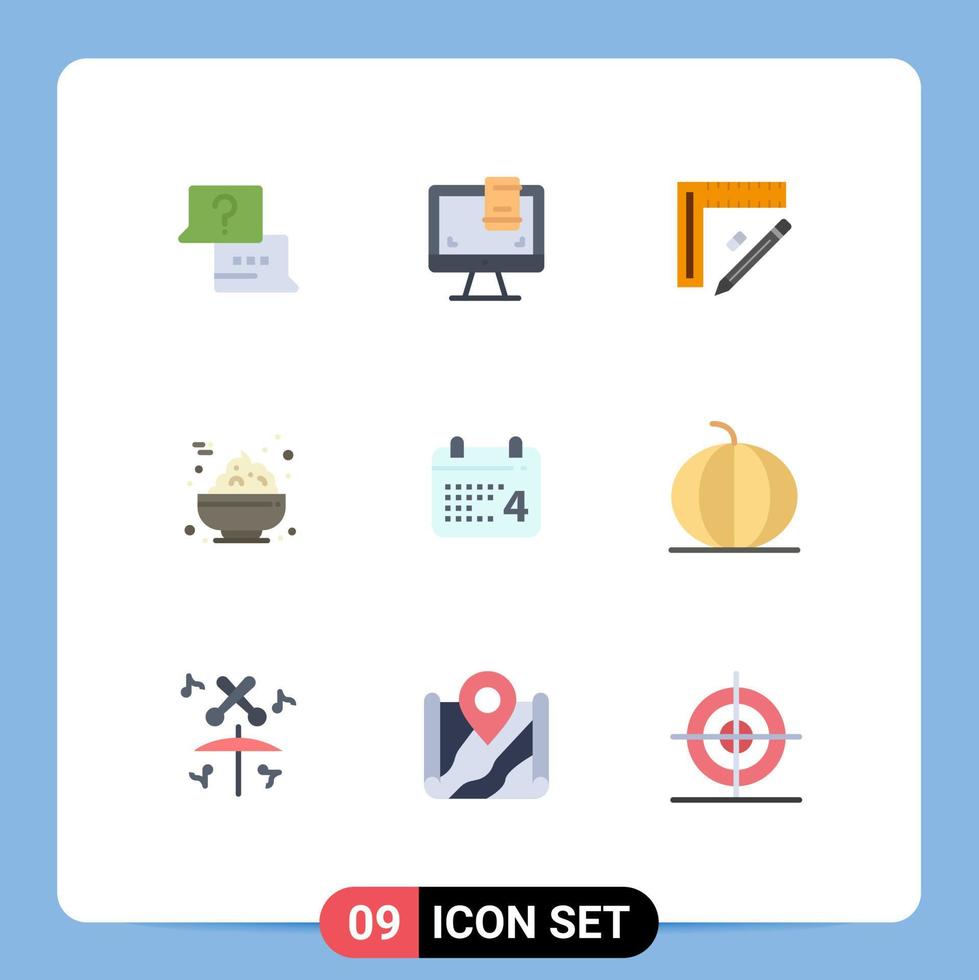 pacote de 9 sinais e símbolos modernos de cores planas para mídia impressa na web, como régua de mingau de dia, design de comida, elementos de design de vetores editáveis