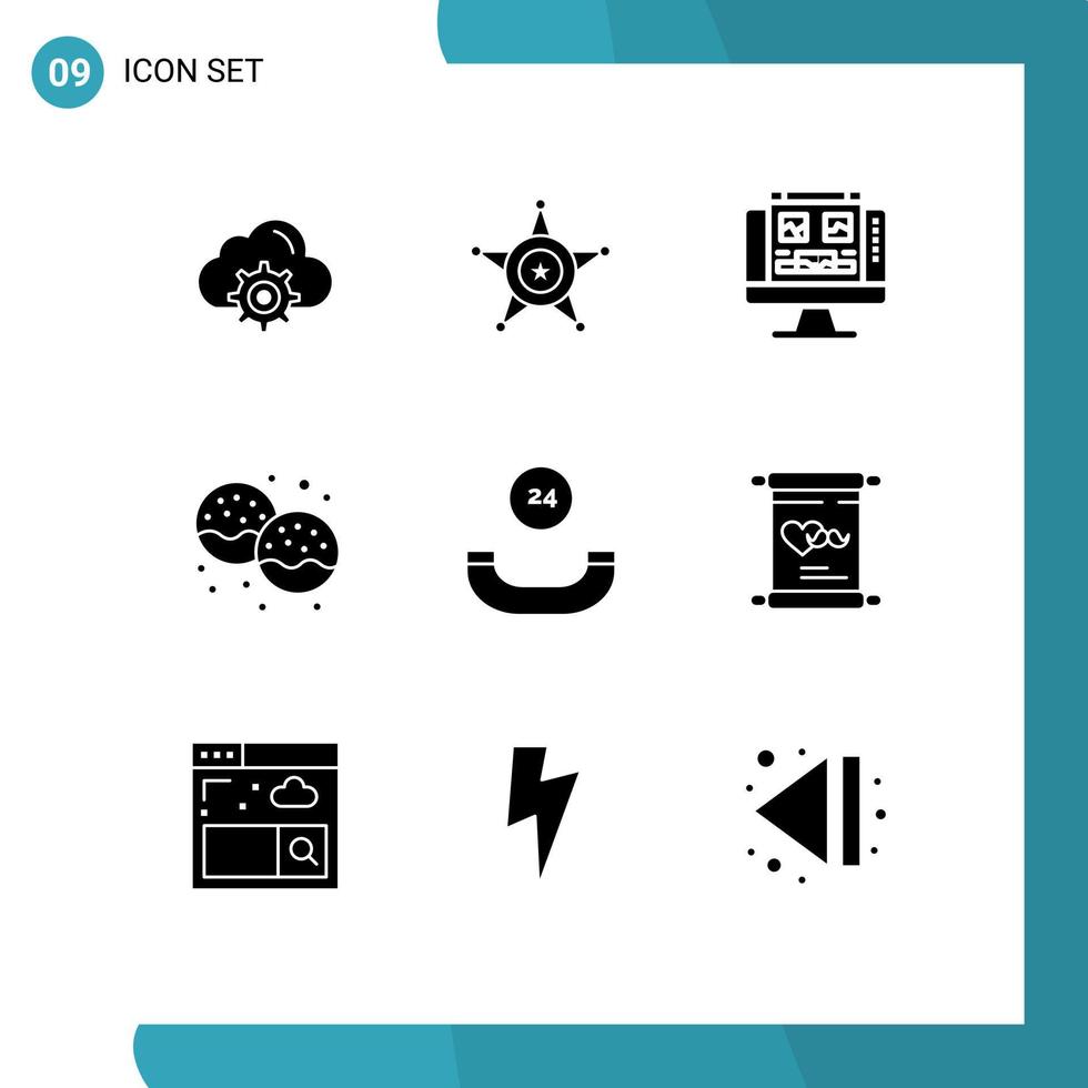 conjunto de pictogramas de 9 glifos sólidos simples de todos os tempos comer galeria rosquinha padaria elementos de design de vetores editáveis
